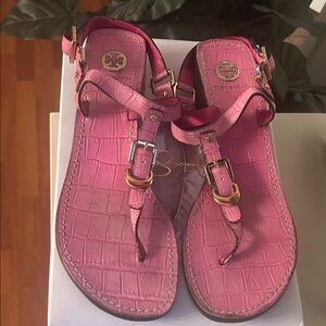 Tory Burch Pink Croc-Pattern Sandals